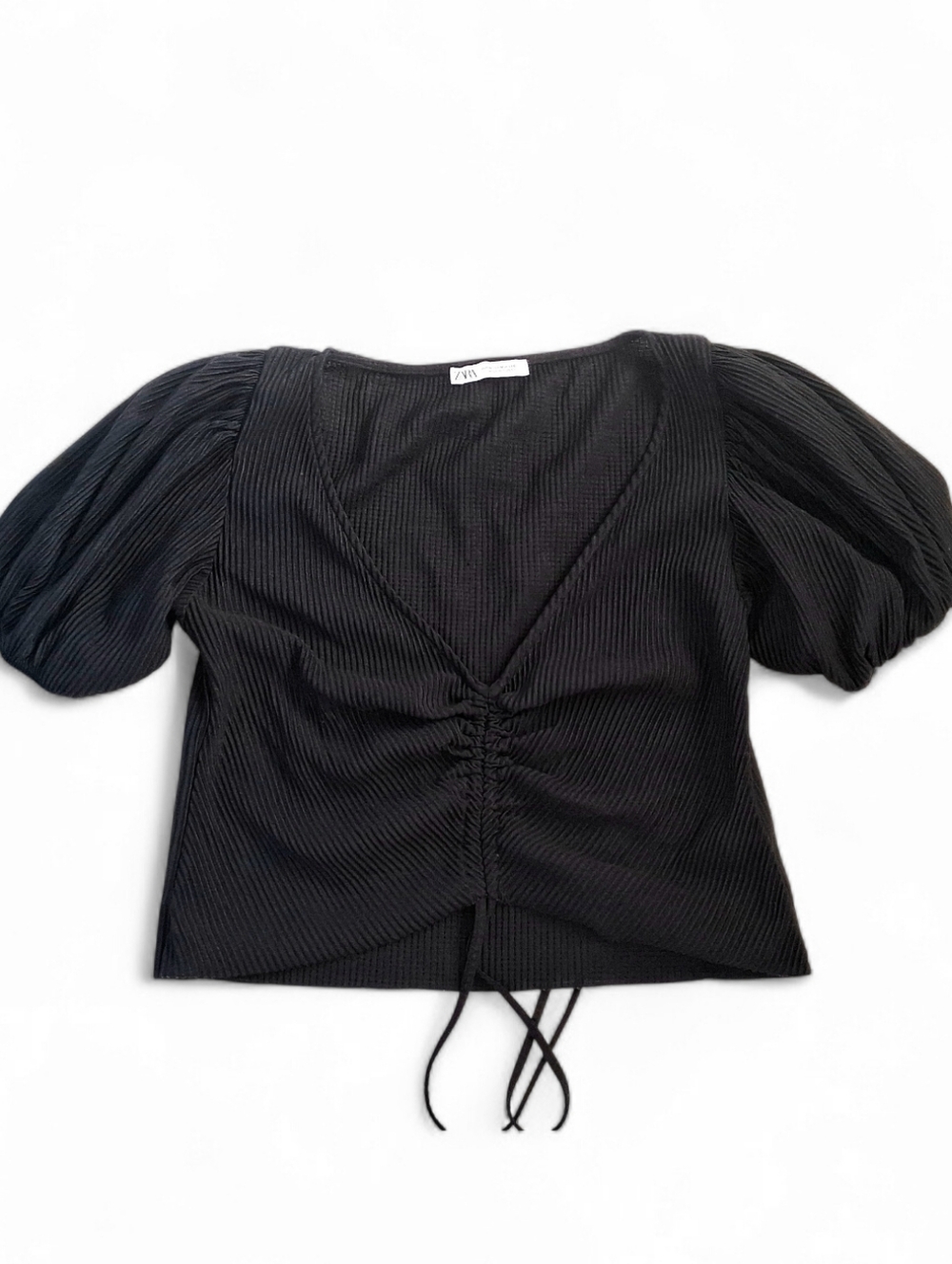 Zara Black Puff Sleeve Ruched V-Neck Top
